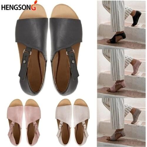 Summer Sandals Women Plus Size Flats Female Casual Peep Toe Shoes PU Slip On Solid Footwear Ankle Buckle Gladiator Roma Shoes