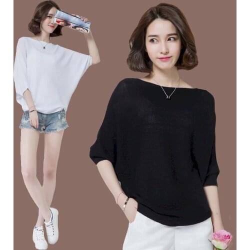 2021 Summer New Womens T-shirt Korean Loose Large Size T-shirt Knitting Jacket Breathable Hemp Transverse Neck Bat Bottom Shirt