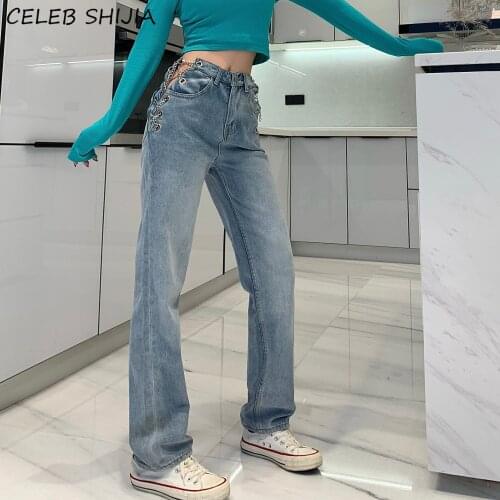 Chain Cross Denim Jeans Woman Vintage Blue Spring Summer High Waist Straight Jeans Female Korean Chic Mom Y2k Pants Woman