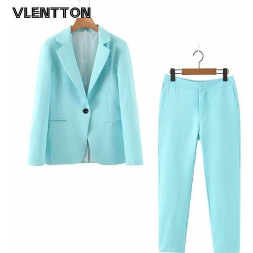 2020 Spring Autumn Purple Pink 2 Piece Set Women Single Button Office Lady Blazer Jacket Tops+Zipper Pants Suit Female Trousers