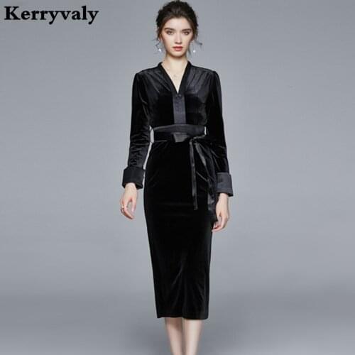 Winter Bag Hip Sexy Bottom Black Velvet Dress Vestido Invierno Mujer 2021 High-Waisted Gothic Midi Party Bodycon Dress K6617