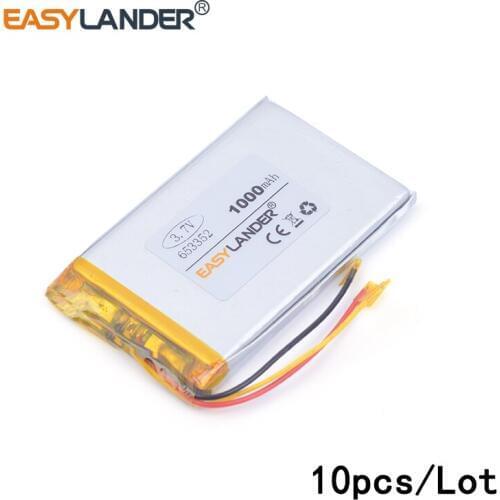 10pcs /Lot 3.7v 3-wire 1000mAH 653352 lithium Li ion polymer rechargeable battery for Smart watch GPS mp3 mp4,cell phone,speaker