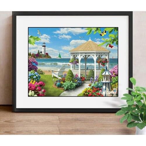 5D DIY Diamond Embroidery Landscape Full Round Diamond Painting Pavilion Seaside Picture Of Rhinestone Mosaic Kit Home Decor