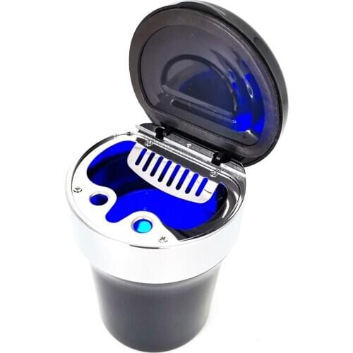 Car Ashtray Portable Smokeless with Compass Cover Inner Blue LED Light Indicator Universal Cup Holder