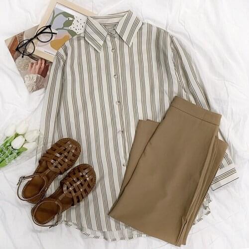 Korea Fashion Vintage Striped Shirt Women Casual Long Sleeve Button Up Blouse 2021 Autumn Y2k Loose Tops Female Elegant Clothing