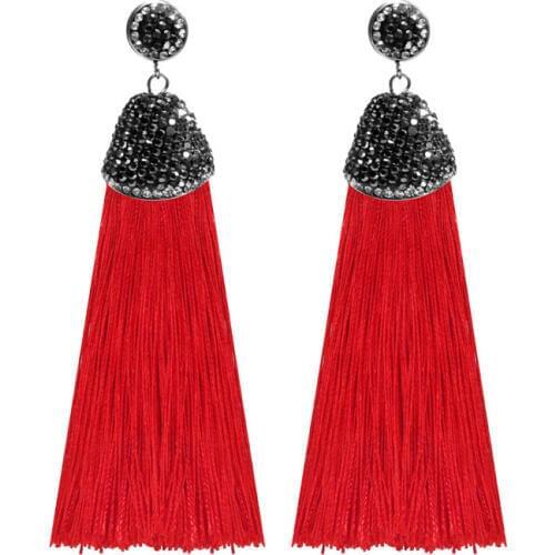 Bohemian Long Tassel Drop Earrings Crystal Alloy Hook Black Red Silk Fabric Dangle Earrings Boho Jewelry Accessory Brincos