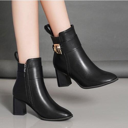 Winter Pointed Toe Leather Ankle Boots High Heels Quality Wedding Dress Shoes Career Work Boots Botas 40 shoes woman