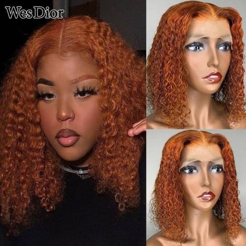 Brazilian Orange Ginger Curly Short Bob Wig Colored Lace Part Human Hair Wigs For Women PrePlucked Part Lace Wig Density180 Remy