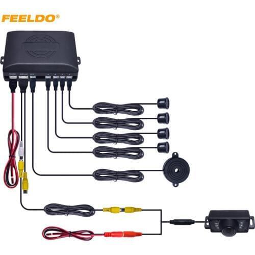 FEELDO 1Set Car 4-Sensor Rearview Parking Sensor + License Plate Camera Video Reverse Parking Sensor System