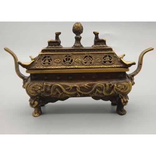 China brass archaize double dragon Incense burner crafts statue