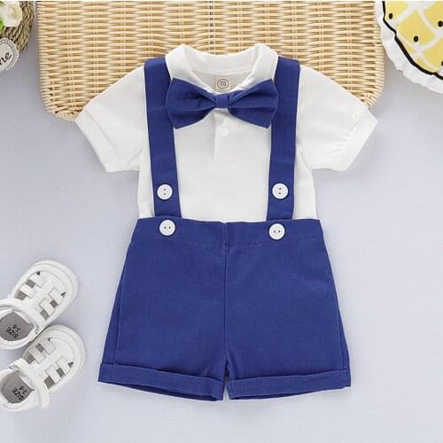 Infant Baby Boys Clothes Set Gentleman Solid Bownote Tie Short Sleeve Romper Suspenders Strap Shorts Toddler Kids Outfits Sets