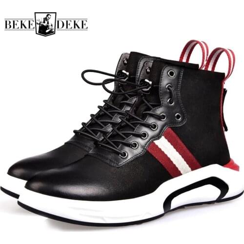 2021 New Students Genuine Leather Casual Shoes Men Thick Bottom Lace Up Punk Male Footwear Brand Zipper Black High Top Zapatos