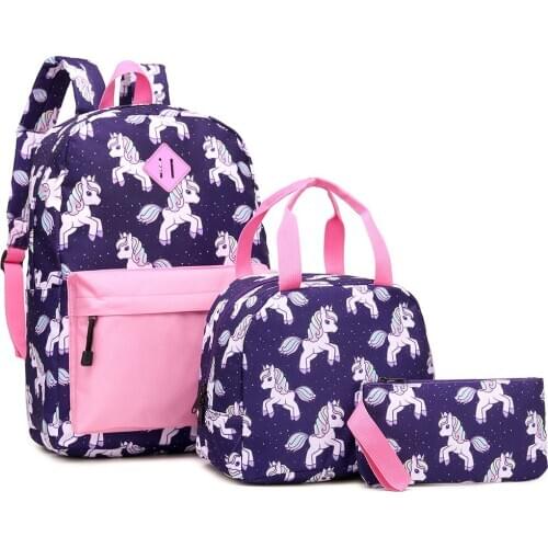 Purple Unicorn 3pcs Sets Backpack+Meal Pack+Pencil Case Printing School Canvas Student Teenage Bags Mini Travel Backpack Women