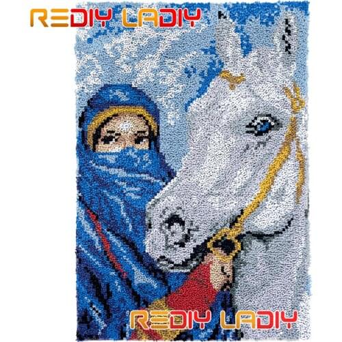 Latch Hook Kits Girl with Horse DIY Carpet Rug Needlework Plush Wall Tapestry Chunky Yarn Art Crocheted Floor Mat Hobby & Crafts