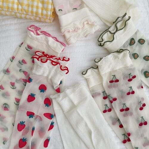 Women Summer Frill Mesh Socks Sweet Kawaii Korean Style Strawberry Avocado Pattern Guipure Socks