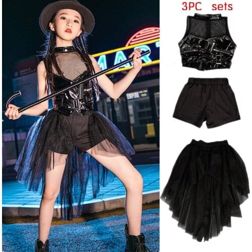 New Girls Catwalk Model Stage Costumes Kids Jazz Clothes Girls Hip Hop Suit Modern Street Dance Black Mesh Leather Dress