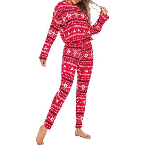 Womens Christmas Sleepwear Pajama Sets Round Collar Snowflake Elk Print Loose Elastic Autumn Winter Home Clothes