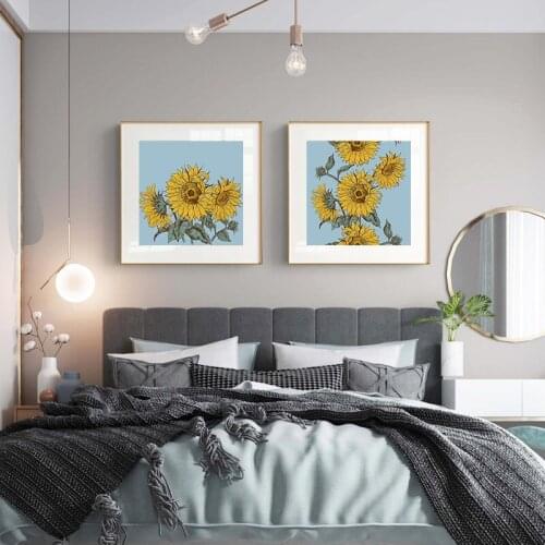 Simple Scandinavian small fresh hand-painted sunflower art poster living room decoration picture printing core