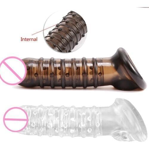 Ribbed Penis Enlargement Cock Sleeve Scrotum Bondage Ring Reusable Thick Condom Delay Ejaculation Male Intimate Goods Sex Toys