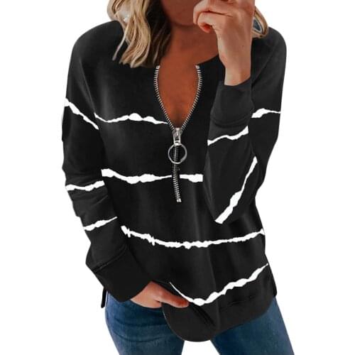 Women Fashion Casual Tshirt Pringting Stripe Zipper Long Sleeves Casual Women T-shirts Camisetas Verano Mujer 2021 #G3