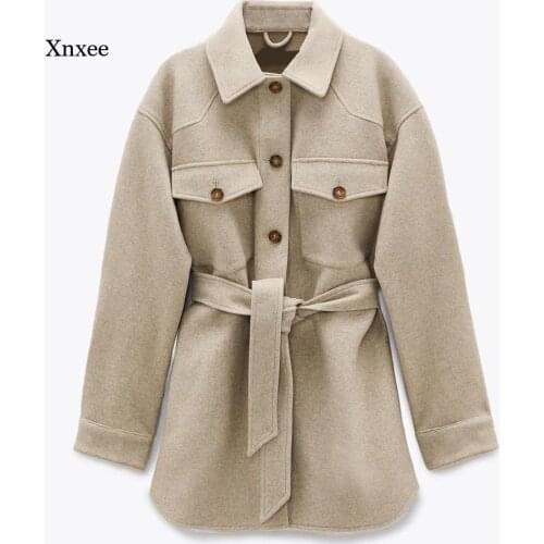 Women Woolen Jacket Chic Fashion with Belt Loose Coat Vintage Long Sleeve Side Pockets Female Outerwear Overcoat Clothing Tops