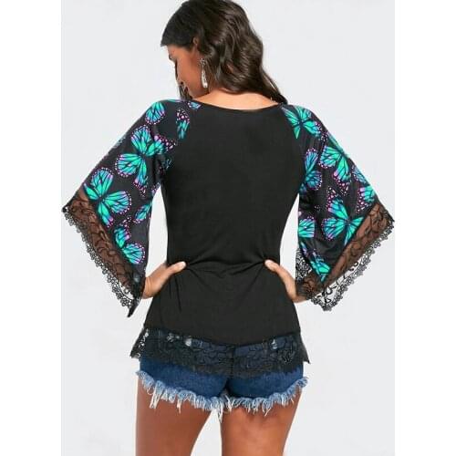 Blouses Women Fashion Butterfly Print Lace Trumpet Half Sleeve 2021 Summer Shirts Ladies Casual V-neck Boho Blouse Tops Female