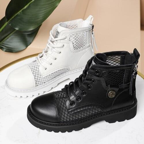 Women leather mesh breathable round toe back zipper martin boots ladies thick bottom platform heels shoes