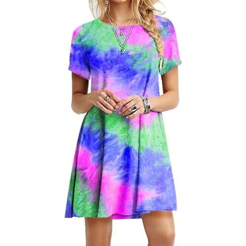 WomenS Slim Dresses Fashion Rainbow Print Dresses Short Sleeve O-Neck Hot Sale Ladies Vestidos For Female