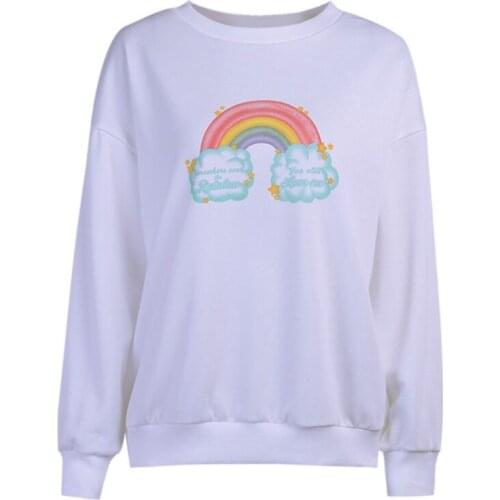 Women Long Sleeve Sweatshirt Harajuku Kawaii Rainbow Cloud Print Pullover Tops Crew Neck Oversized Loose Shirts