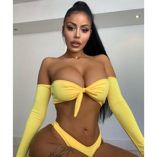 2021 Sexy Bikini Off Shoulder Swimwear Women Long Sleeve Swimsuit Female Bow-Knot Push Up Bathing Suits Beach Wear Swimming Suit