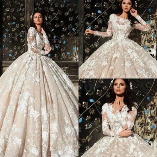 Arabic Lace Ball Gown 2021 Wedding Dresses Long Sleeves Plus Size Appliqued Bridal Gowns Bateau Neck vestido de novia