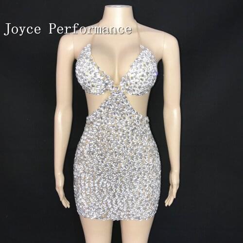 Glisten Full Silver Stones Bra Dress Birthday Celebrate Sexy Stage Performance Outfit Female Singer Show mini Dress