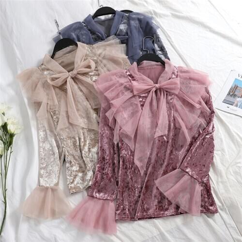 Patchwork Mesh Women Blouses Sweet Shirt Casual Chic Bow Flare Sleeve Ladies Shirts Spring Elegant Long Sleeve Blusas Mujer