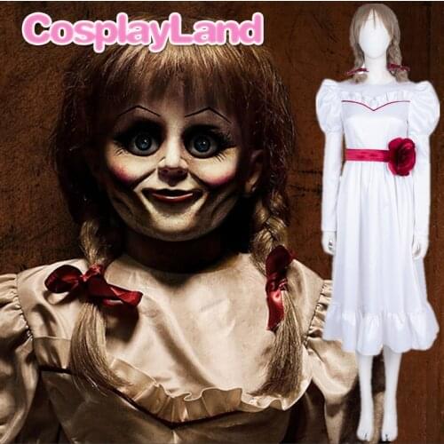 Movie Annabelle Cosplay Halloween Party bride White Dress Long Sleeve Long Dress for Girls Women Adult Costumes Fancy Dress Wig