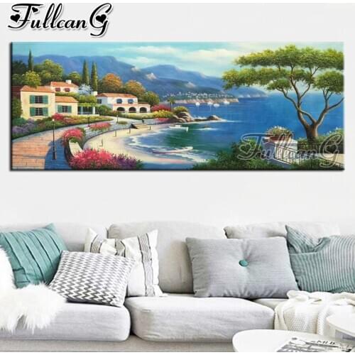FULLCANG diy 5d full diamond embroidery Seaside village scenery large mosaic canvas painting needlework wall decoration FC2654