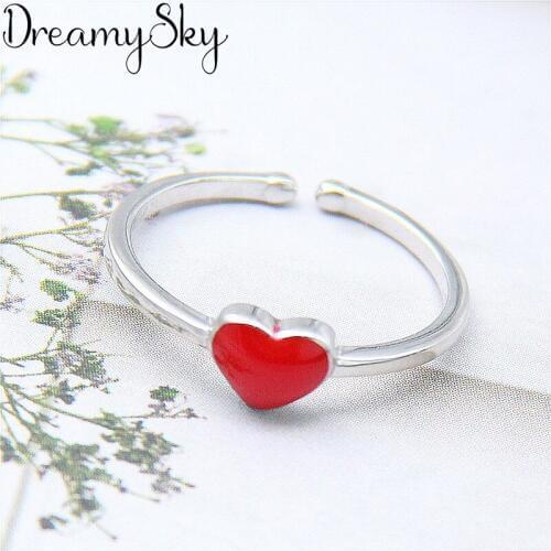 Romantic Vintage Retro Silver Color Red Heart Rings For Women Christmas Jewelry Antique Finger Open Rings Anillos