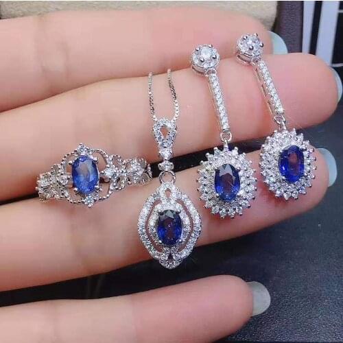 Natural Sapphire Gemstone Earrings Ring Necklace Set Real 925 Sterling Silver Fine Fashion Jewelry for Women