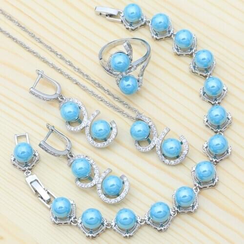 925 Sterling Silver Bridal Jewelry Set Blue Pearl White Crystal Earrings Ring Pendant Chain Bracelet Accessories for Women