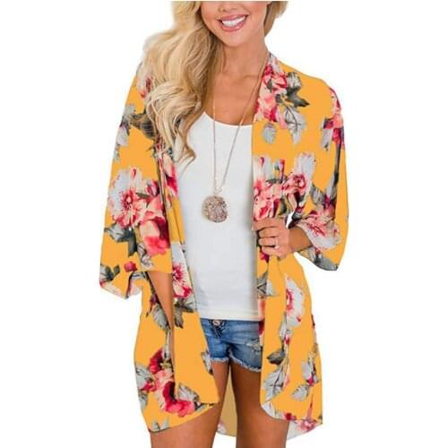 40%HOT Women Floral Leopard Print Half Sleeve Shawl Cardigan Bikini Cover Up Blouse Top