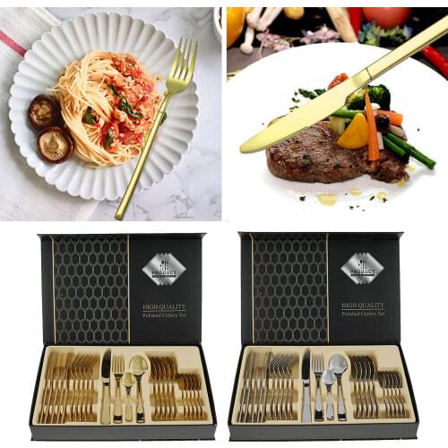 24PCS Gold Tableware Cutlery Dinner Set Cutlery Sets Dishes Knives Forks Spoons Western Kitchen Dinnerware Stainless Steel