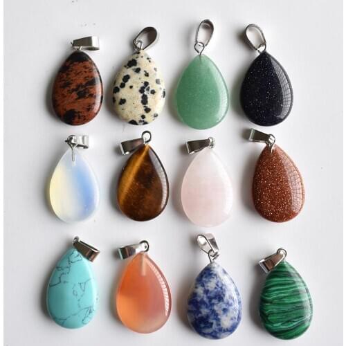 Natural stone Quartz Crystal Opal Turquoises tiger eye water drop pendant for diy Jewelry making necklace Accessories12PCs