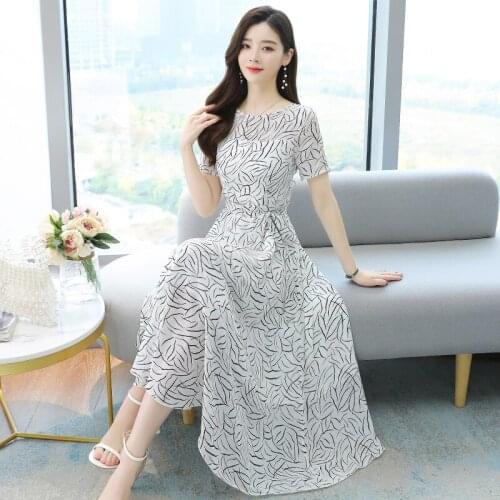 2021 New Floral Printed Chiffon Dress Women summer Long-Sleeved O-Neck High Waist Long Dresses Female harajuku dress