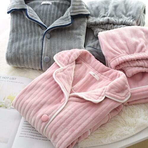 Wholesale Autumn and Winter Couple Flannel Pajamas Thick Warm Solid Color Coral Fleece Pit Men and Women Home Service Large Size