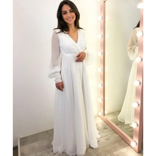 Simple Chiffon Wedding Dress A-Line V-Neck Puff Sleeves Lace-Up Plain White Ivory Floor Length Formal Bride Gown Custom Made New