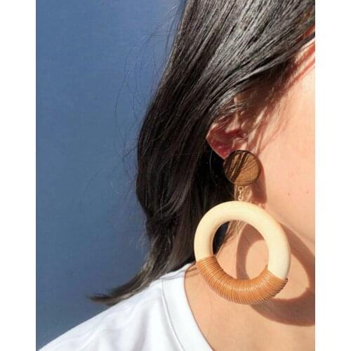 2021 Ins Nature Wood Handmade Coffee Cord Wrapped Geometric Wooden Piercing Earrings Trendy Korean Fashion Women Party Jewelry