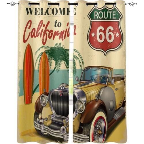 Retro Car Seaside Beach Poster California Printed Window Curtains Living Room Bedroom Curtains Polyester Cloth Home Decor