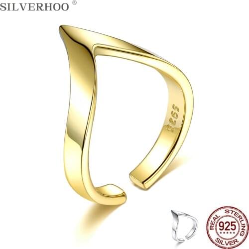 SILVERHOO Real 925 Sterling Silver Geometric Letter V Shape Adjustable Finger Rings For Women Wedding Engagement Ring Jewelry