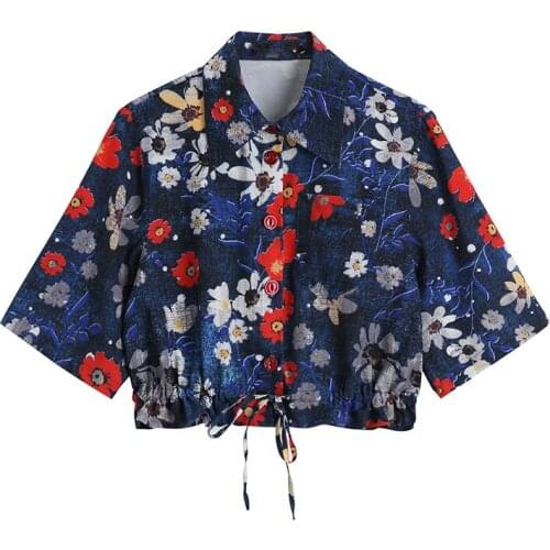 Blue Floral Summer Short Sleeve Drawstring Retro T-shirt 2021 New French Cropped Top