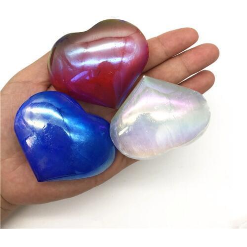 Blue Green Titanium Aura White Selenite Scalloped Crystal Heart Polished Healing Stones Decorative Quartz Crystals