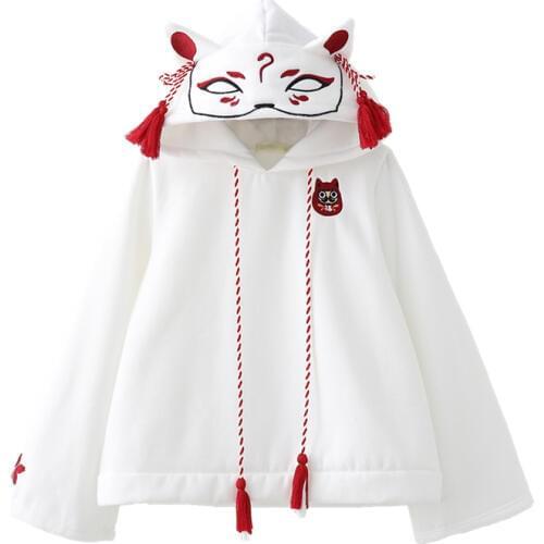 Japanese Retro 3D Fox Ear Embroidery Hoodie Cartoon Anime Girls Kawaii Hooded Pullover Hoodies Sweatshirt Harajuku Coat